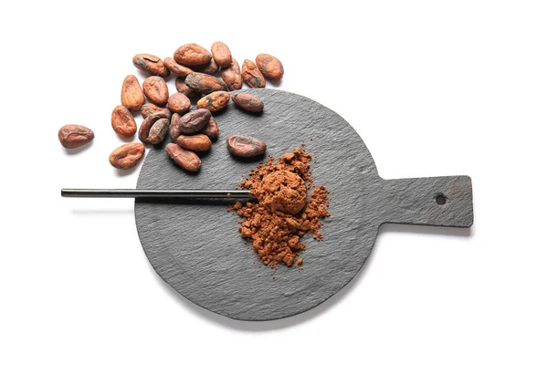 Spoon Cocoa Powder Beans White Background — Stock Photo, Image