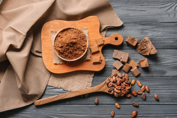Kakaový Prášek Fazole Čokoláda Tmavém Dřevěném Pozadí — Stock fotografie