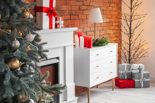 Interior Room Fireplace Decorated Christmas — Stock Photo, Image