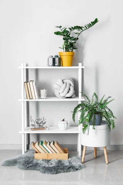 Modern Shelf Unit Books Houseplants White Wall Room — Stock Photo, Image