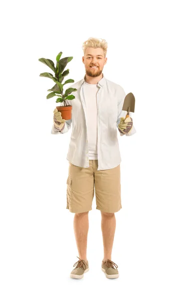 Joven Jardinero Masculino Sobre Fondo Blanco — Foto de Stock