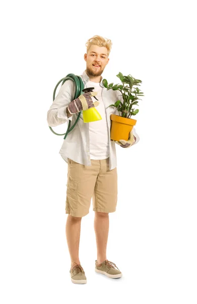 Jovem Jardineiro Masculino Fundo Branco — Fotografia de Stock