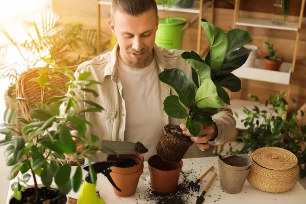 Joven Cuidando Plantas Casa — Foto de Stock