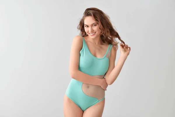 Beautiful Young Woman Swimsuit Grey Background — Stock Photo, Image