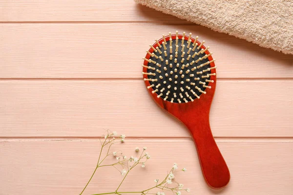 Hair Brush Towel Wooden Background — Stock Photo, Image