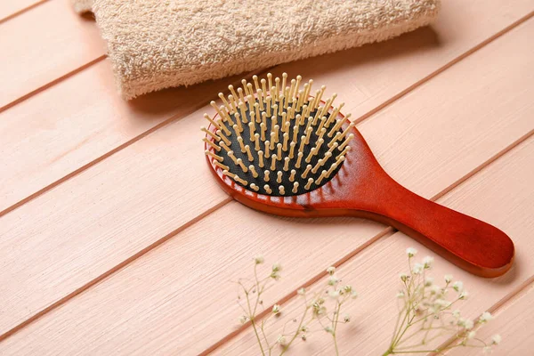 Hair Brush Towel Wooden Background — Stock Photo, Image