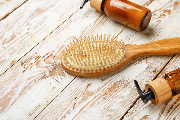 Hair Brush Cosmetic Serum White Wooden Background — Stock Photo, Image