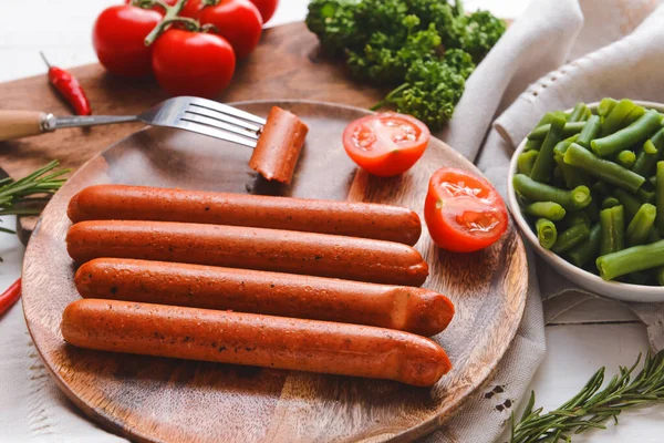 Plate Tasty Sausages Vegetables Table Closeup — Stock Photo, Image
