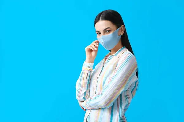 Stylish Young Woman Wearing Mask Color Background — Stock Photo, Image