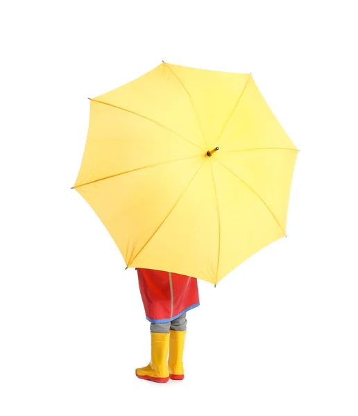 Menino Bonito Com Guarda Chuva Fundo Branco Visão Traseira — Fotografia de Stock