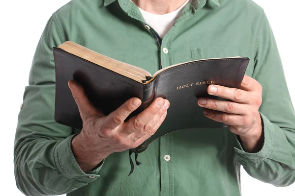 Hombre Con Biblia Sobre Fondo Blanco Primer Plano —  Fotos de Stock