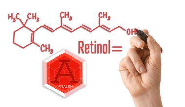 Woman with marker drawing chemical structural formula of retinol on white background