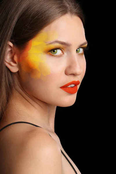 Beautiful Young Woman Creative Makeup Dark Background — Stock Photo, Image