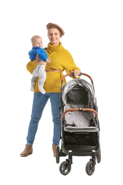 Mulher Com Seu Bebê Bonito Carrinho Fundo Branco — Fotografia de Stock