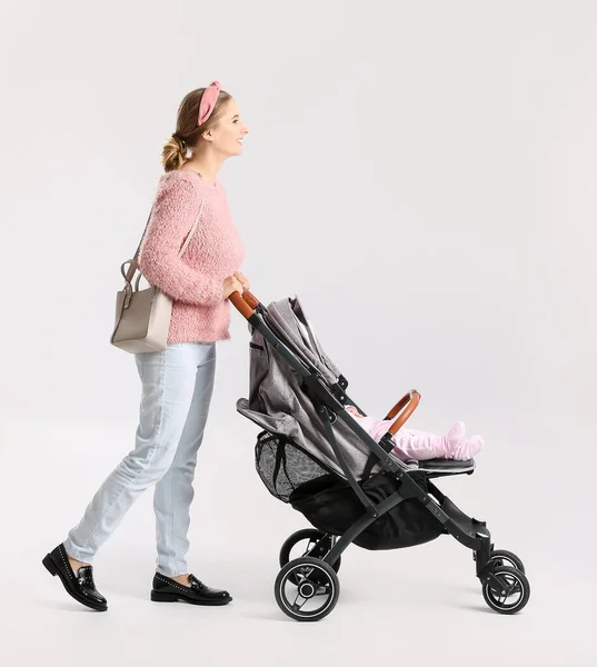 Woman Her Cute Baby Stroller White Background — Stock Photo, Image