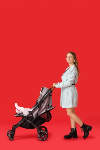 Woman Her Cute Baby Stroller Color Background — Stock Photo, Image