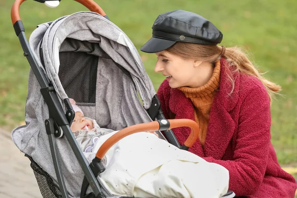 Woman Her Cute Baby Stroller Outdoors — Stock Photo, Image