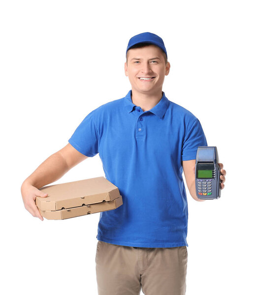 Courier of food delivery service with payment terminal on white background