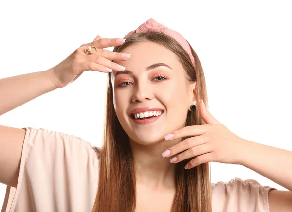 Young Woman Beautiful Manicure White Background — Stock Photo, Image