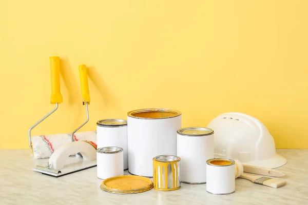 Cans Paints Tools Table Color Wall — Stock Photo, Image