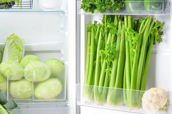 Fresh Cabbages Celery Fridge Closeup — Stock Photo, Image