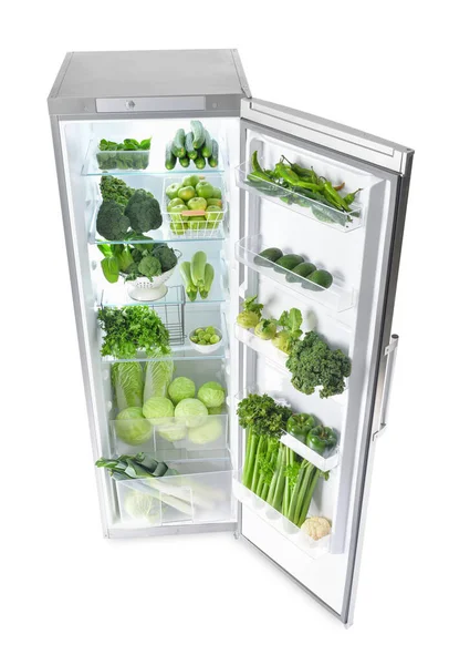 Свежие Овощи Открытом Холодильнике Белом Фоне — стоковое фото