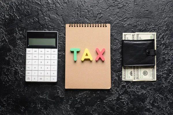 Wallet Money Calculator Notebook Word Tax Dark Background — Stock Photo, Image