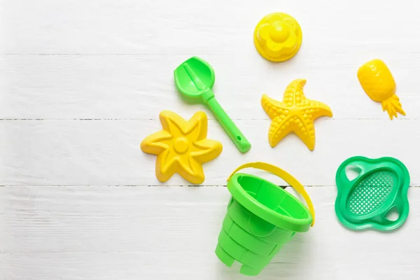 Set Beach Toys Children White Wooden Background — Stock Photo, Image