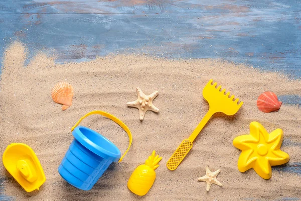 Set Beach Toys Children Color Wooden Background — Stock Photo, Image