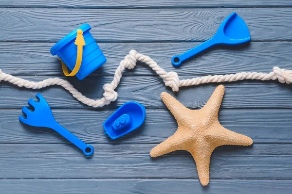 Set Beach Toys Children Color Wooden Background — Stock Photo, Image