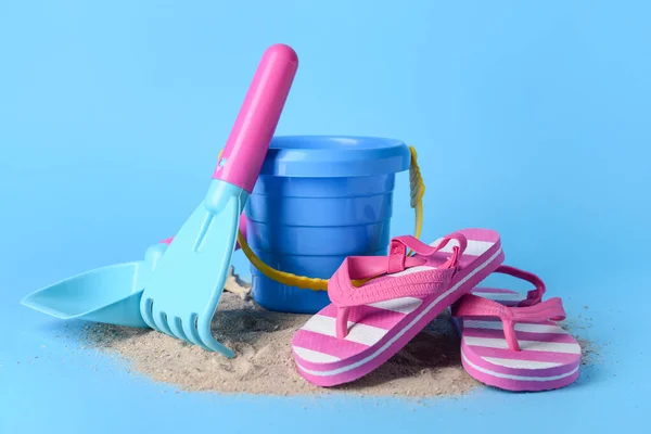 Set Beach Accessories Children Color Background — Stock Photo, Image