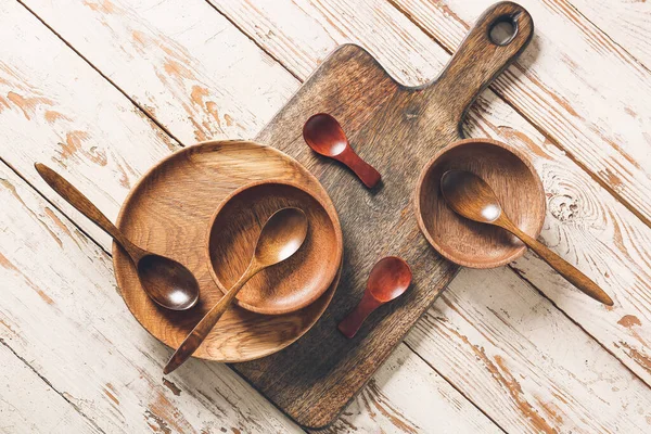 Spoons Bowls Wooden Background — Stock Photo, Image