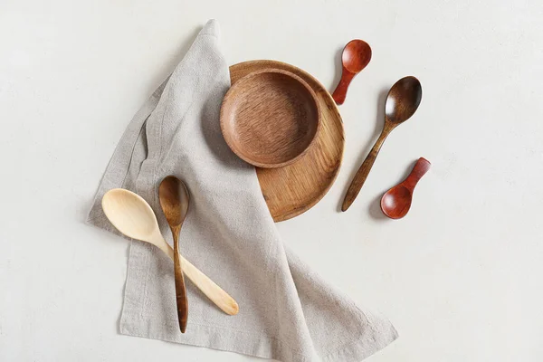 Wooden Spoons Bowls White Background — Stock Photo, Image