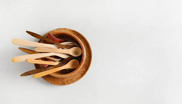 Wooden Bowl Spoons White Background — Stock Photo, Image