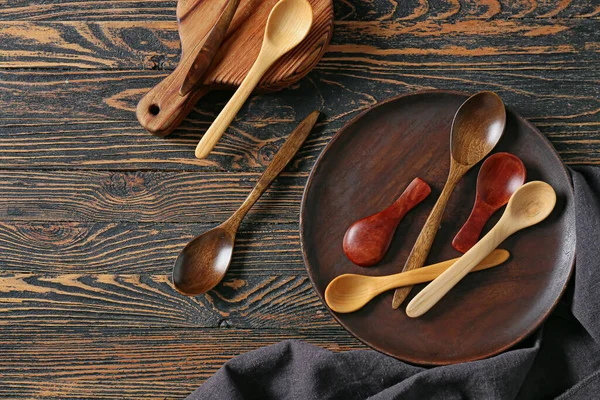 Spoons Plate Dark Wooden Background — Stock Photo, Image