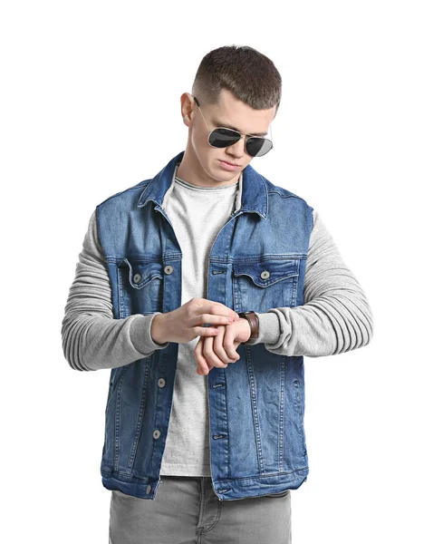 Portrait Handsome Young Man Sunglasses White Background — Stock Photo, Image