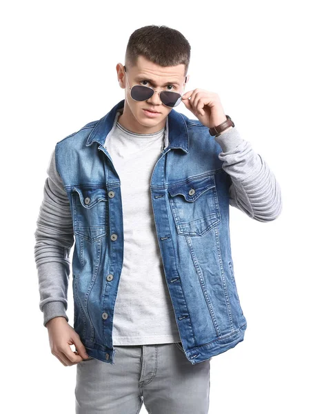 Portrait Handsome Young Man Sunglasses White Background — Stock Photo, Image
