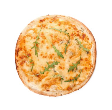 Beyaz arka planda lezzetli peynirli pizza.