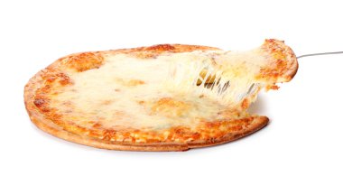 Beyaz arka planda lezzetli bir pizza dilimi almak