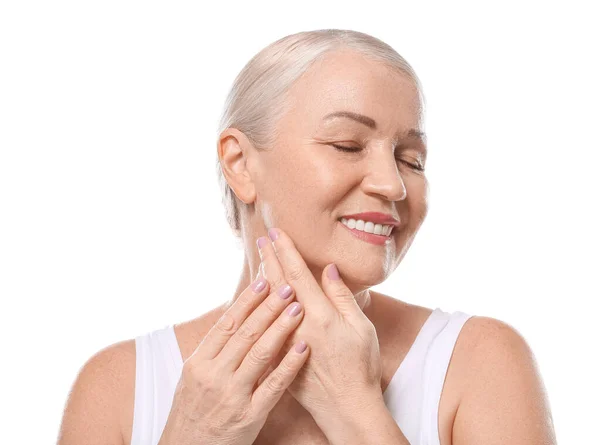 Mature Woman Giving Herself Face Massage White Background — Stock Photo, Image