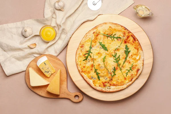 Board Tasty Cheese Pizza Color Background — Stock Photo, Image