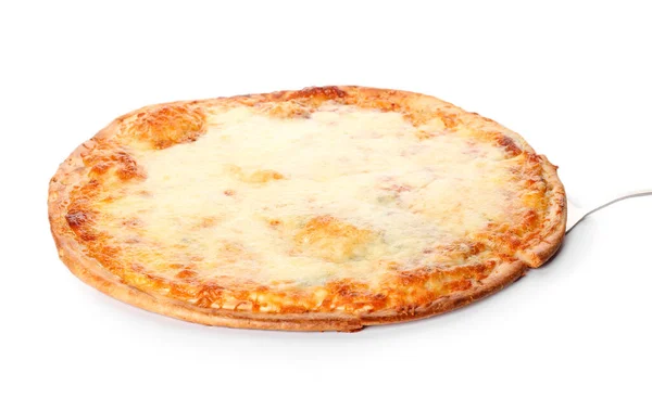 Het Nemen Van Slice Van Smakelijke Pizza Witte Achtergrond — Stockfoto