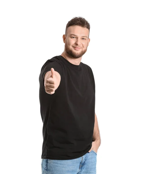 Bonito Homem Mostrando Polegar Para Cima Fundo Branco — Fotografia de Stock