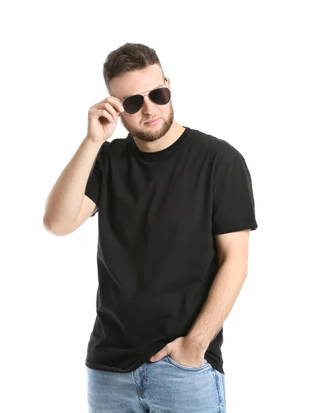 Retrato Hombre Guapo Con Gafas Sol Sobre Fondo Blanco — Foto de Stock