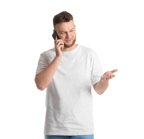 Bonito Homem Falando Por Telefone Celular Fundo Branco — Fotografia de Stock