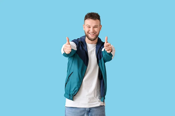 Handsome Man Showing Thumb Color Background — Stock Photo, Image