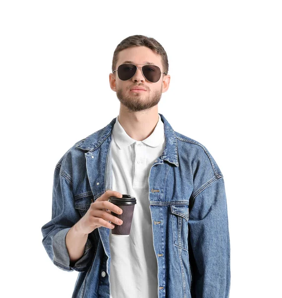 Porträt Eines Gutaussehenden Mannes Mit Kaffee Auf Weißem Hintergrund — Stockfoto