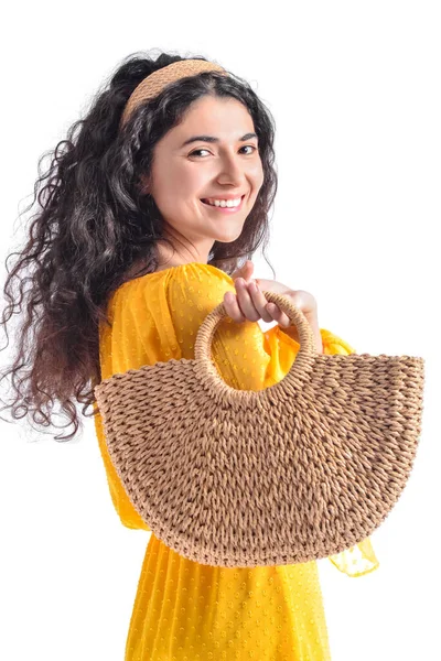Portrait Fashionable Young Woman Wicker Bag White Background — Stock Photo, Image