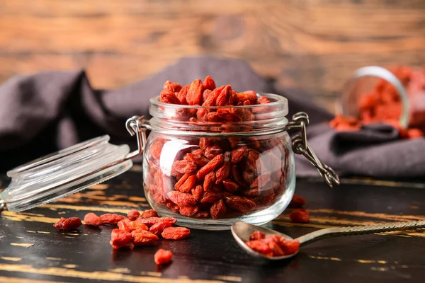 Jar Dried Goji Berries Dark Wooden Background — Stock Photo, Image