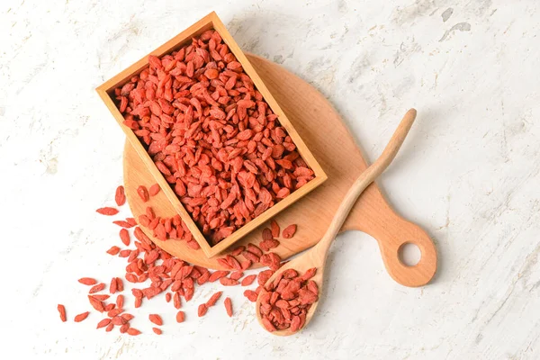 Box Spoon Dried Goji Berries Light Background — Stock Photo, Image